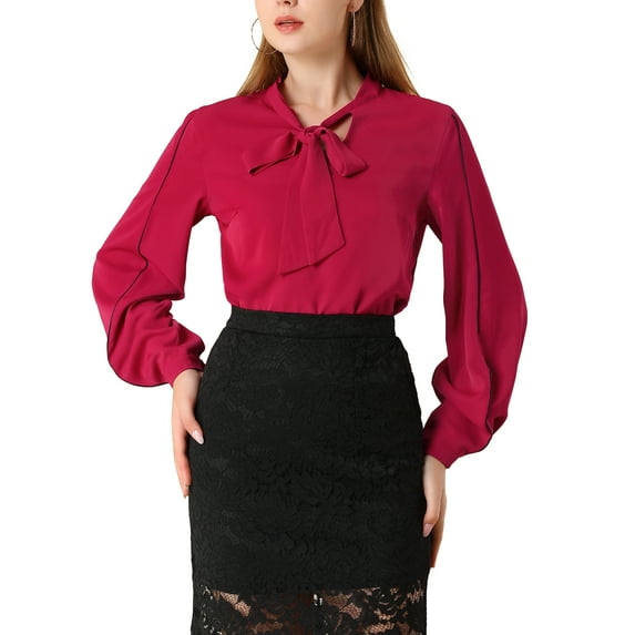 INSPIRE CHIC Women's Tie V Neck Contrast Piped Long Sleeves Work Solid Blouse Top Burgundy L