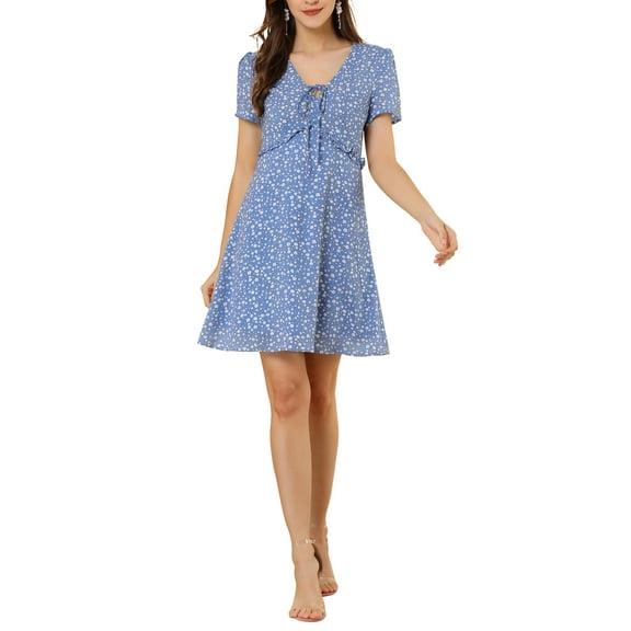 INSPIRE CHIC Women's Tie V Neck Short Sleeve Ruffle Floral a-Line Dress L Blue
