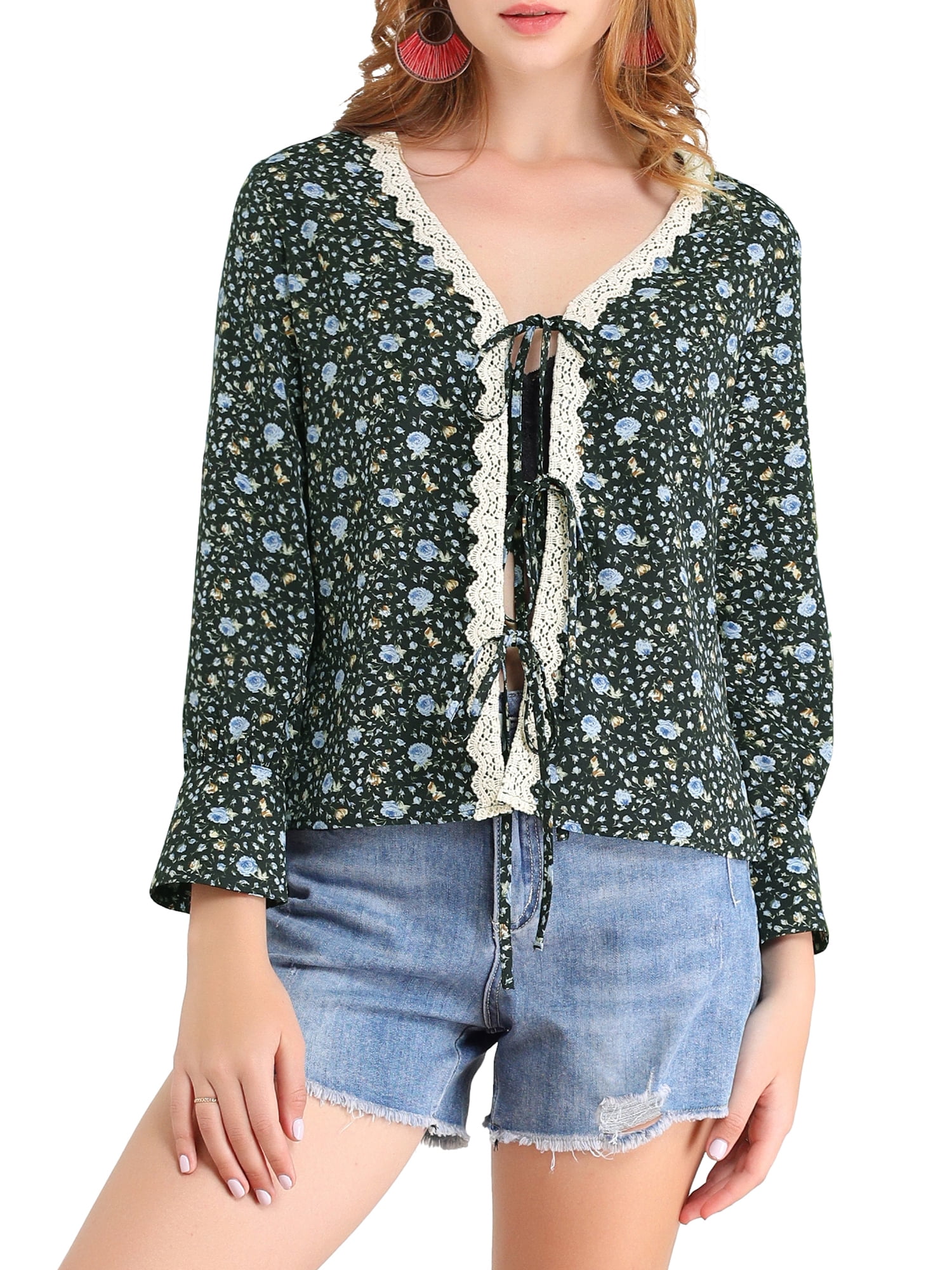 Lace Trim Open Back Tie Blouse