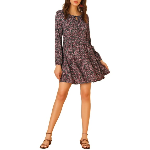 Allegra K Women's Tiered Dresses Tie Neck Layered Babydoll Dress