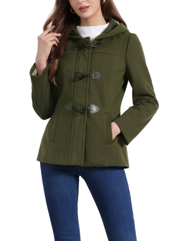 Women's Toggle Duffle Coat Zipper Front Solid Cropped Hooded Anorak S Army Green