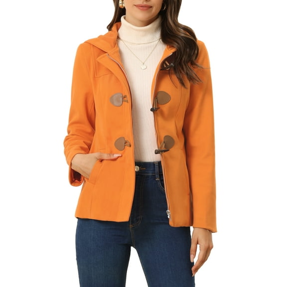 INSPIRE CHIC Women's Toggle Duffle Coat Zipper Front Solid Cropped Hooded Anorak XS Orange