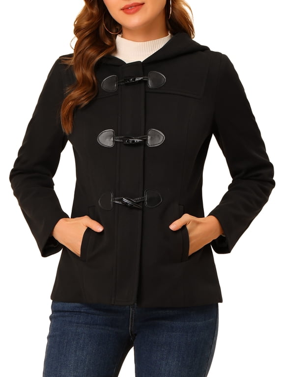 Women's Toggle Duffle Coat Zipper Front Solid Cropped Hooded Anorak M Black