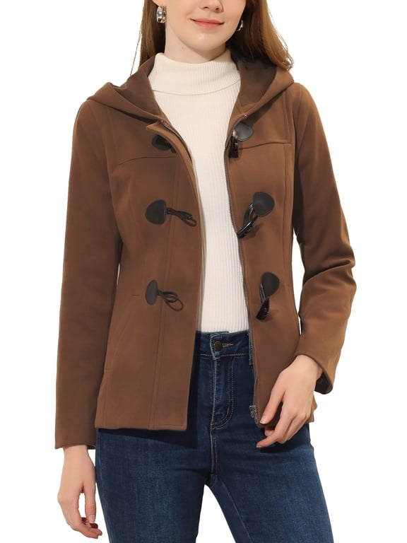 Women's Toggle Duffle Coat Zipper Front Solid Cropped Hooded Anorak S Dark Brown