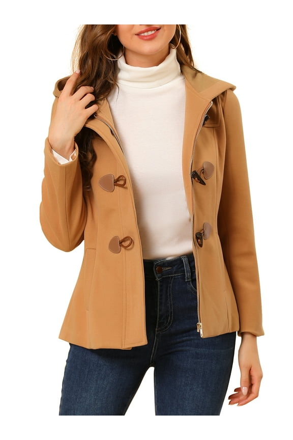 Women's Toggle Duffle Coat Zipper Front Solid Cropped Hooded Anorak XL Brown