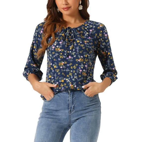 INSPIRE CHIC Women's Top 3/4 Sleeve Round Neck Summer Floral Blouse XS Dark Blue