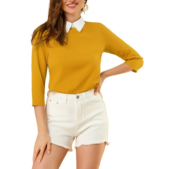 INSPIRE CHIC Women 3/4 Sleeves Contrast Collar Blouse Tops Ginger S