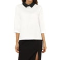 thumbnail image 1 of INSPIRE CHIC Women 3/4 Sleeves Contrast Collar Blouse Tops White S, 1 of 6