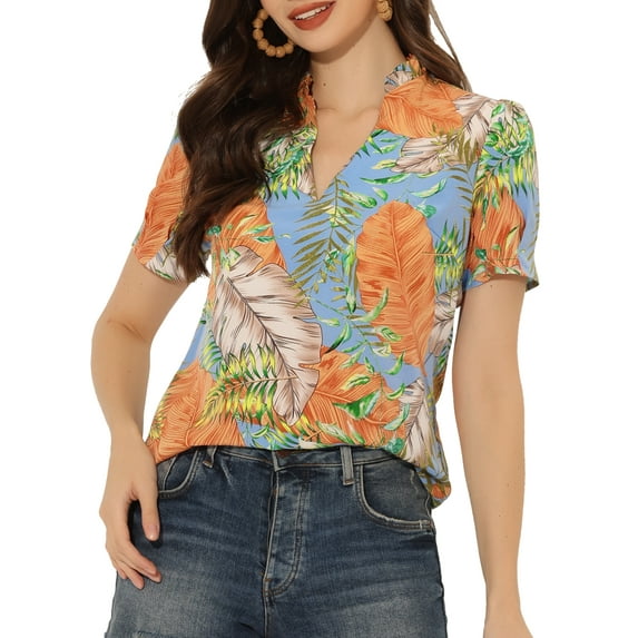 INSPIRE CHIC Women's Tops Short Sleeve V Neck Printed Blouse S Blue