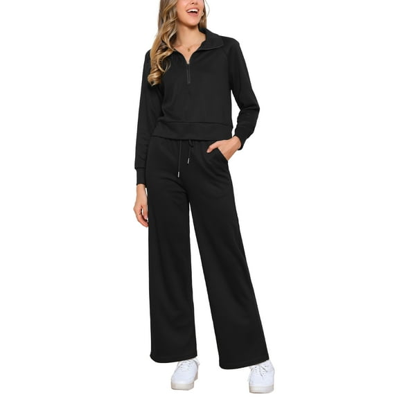 INSPIRE CHIC Women's Tracksuit Sets Turtle Neck Casual Sweatshirts with Wide Leg Pants XS Black
