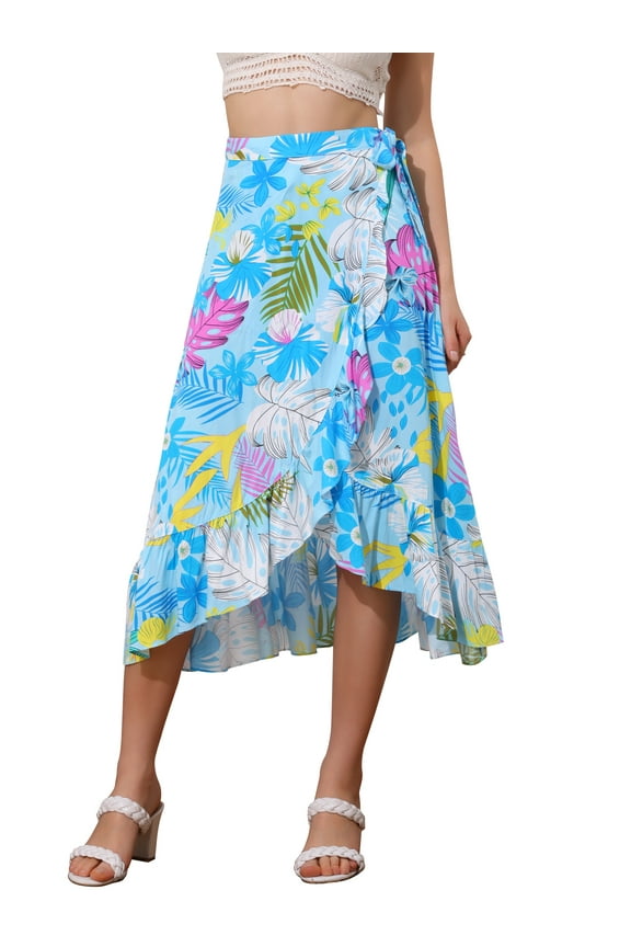 Women's Tropical Floral Print Ruffle Self Tie Knot Split Beach Hawaiian Wrap Skirt L Light Blue