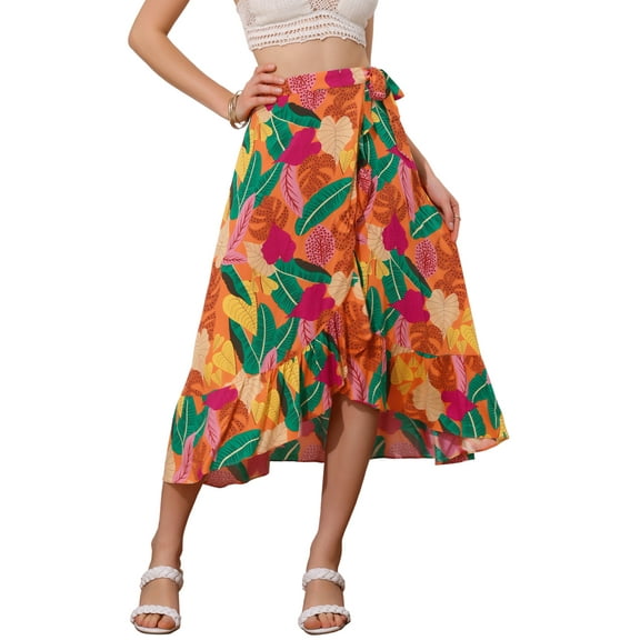 Allegra K Women's Tropical Floral Print Ruffle Self Tie Knot Split Beach Hawaiian Wrap Skirt L Orange
