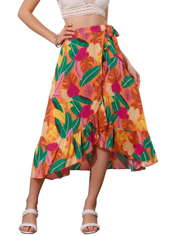 Women's Skirt Tropical Floral Print Ruffle Self Tie Knot Split Beach Hawaiian Wrap Skirt Orange L