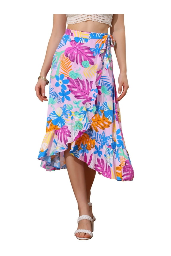 Women's Tropical Floral Print Ruffle Self Tie Knot Split Beach Hawaiian Wrap Skirt L Pink
