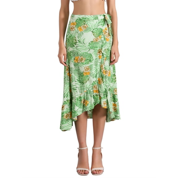 INSPIRE CHIC Women's Tropical Floral Print Ruffle Self Tie Knot Split Beach Hawaiian Wrap Skirt M Light Green