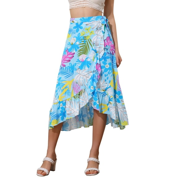 INSPIRE CHIC Women's Tropical Floral Print Ruffle Self Tie Knot Split Beach Hawaiian Wrap Skirt S Light Blue