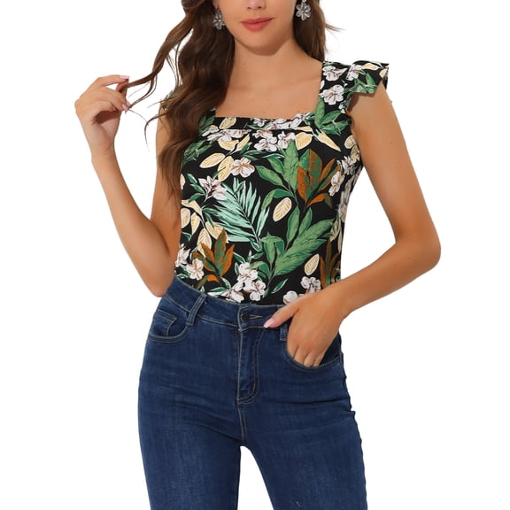 INSPIRE CHIC Women's Tropical Printed Square Neck Ruffle Tank Top XS Black