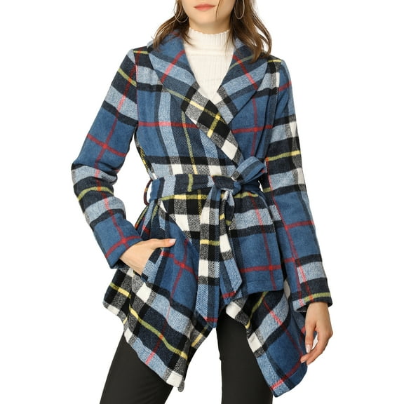 INSPIRE CHIC Women's Turn Down Collar Asymmetric Hem Plaids Thin Wrap Coat M Blue