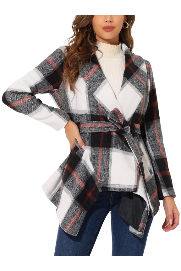 Women's Turn Down Collar Asymmetric Hem Plaids Thin Wrap Coat L Black