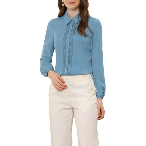 INSPIRE CHIC Women's Turn Down Collar Button Up Lace Decor Long Sleeve Shirts S Gray Blue