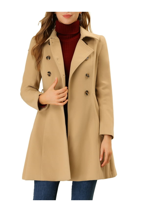 Women's Turn Down Collar Double Breasted Swing Hem Winter Long Coat XS Khaki