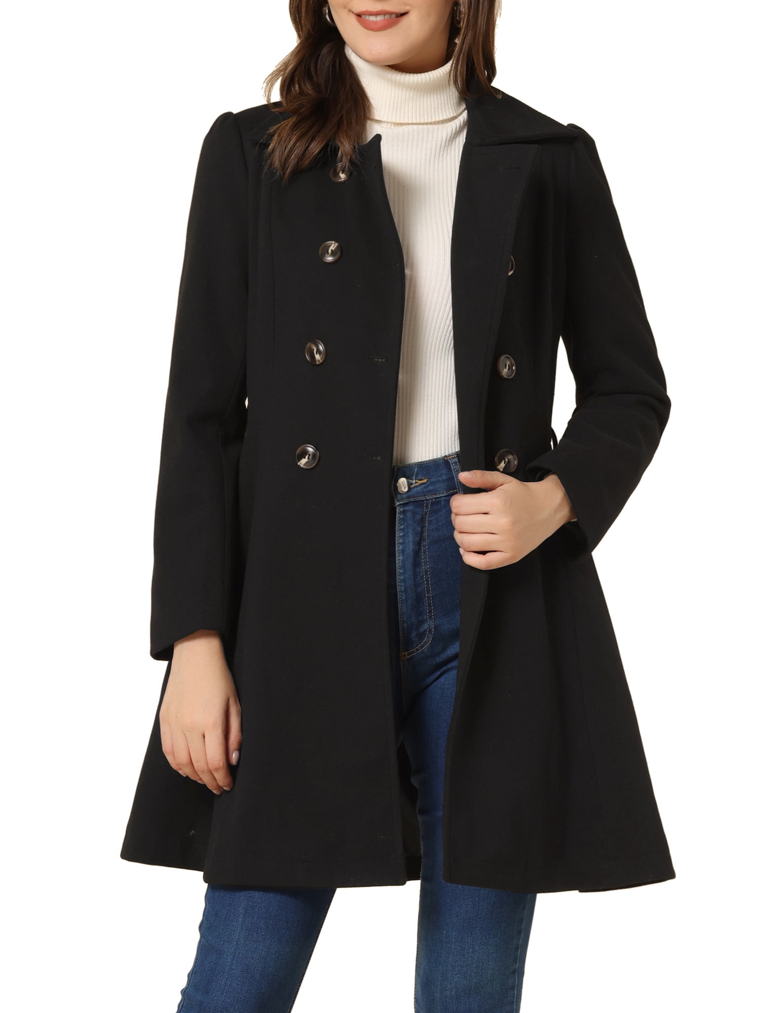 INSPIRE CHIC Women's Turn Down Collar Double Breasted Swing Hem