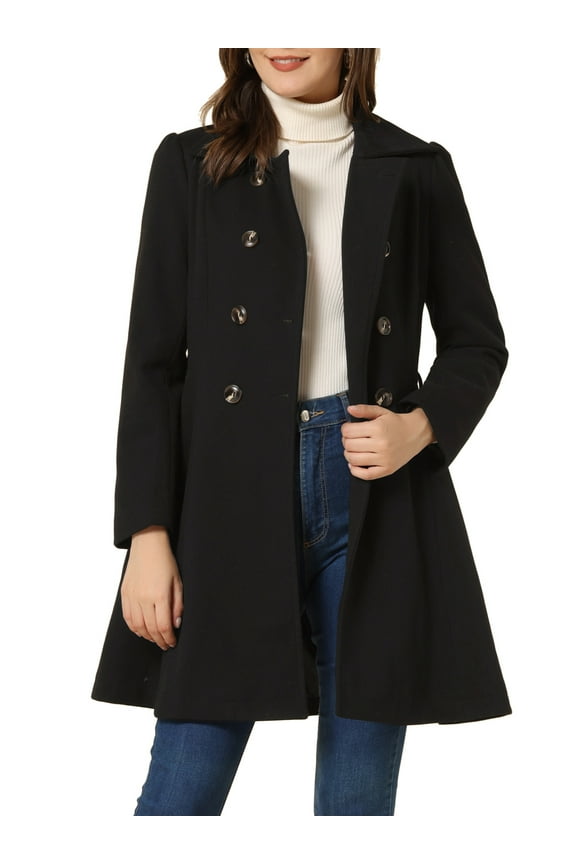 Women's Turn Down Collar Double Breasted Swing Hem Winter Long Coat S Black