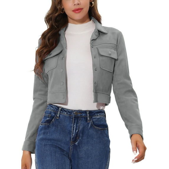 INSPIRE CHIC Women's Turn Down Collar Faux Suede Cropped Moto Jacket L Grey