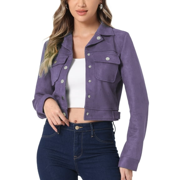 INSPIRE CHIC Women's Turn Down Collar Faux Suede Cropped Moto Jacket L Purple
