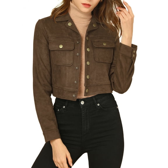INSPIRE CHIC Women's Turn Down Collar Faux Suede Cropped Moto Jacket M Coffee