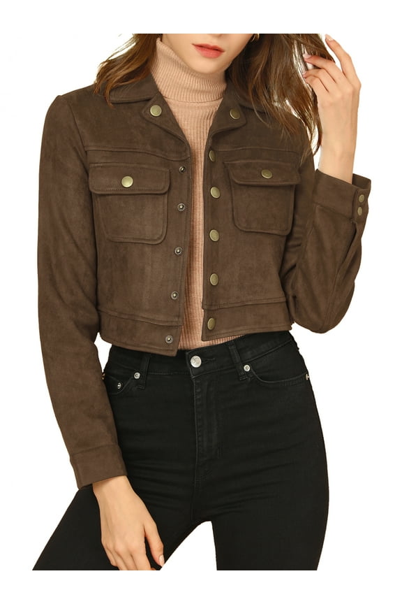 Women's Turn Down Collar Faux Suede Cropped Moto Jacket M Coffee