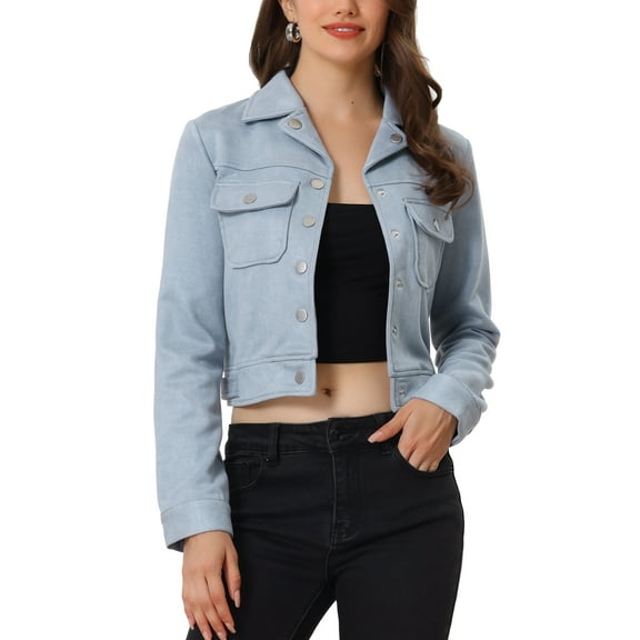 INSPIRE CHIC Women's Turn Down Collar Faux Suede Cropped Moto Jacket S Grey Blue