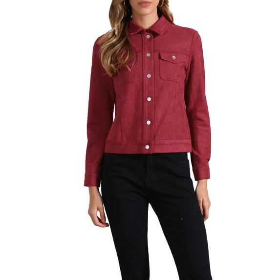 INSPIRE CHIC Women's Turn-Down Collar Flap Pockets Snap Button Faux Suede Jacket M Wine Red