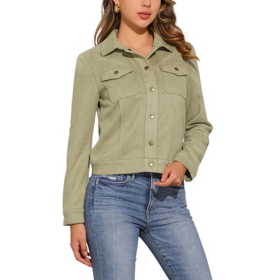 INSPIRE CHIC Women's Turn-Down Collar Flap Pockets Snap Button Faux Suede Jacket S Light Green