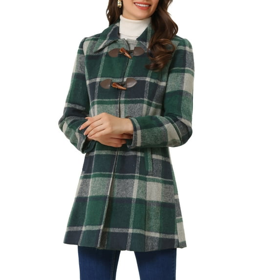 INSPIRE CHIC Women's Turn Down Collar Plaid Toggle Duffle Long Overcoat S Green