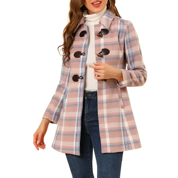INSPIRE CHIC Women's Turn Down Collar Plaid Toggle Duffle Long Overcoat XS Pink Blue