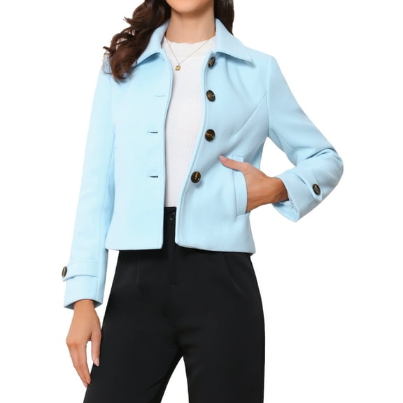 REFINED ATTIRE Women's Short Peacoat Turn Down Collar Single Breasted Button Closure Overcoat Light Blue M