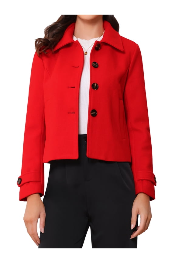 Women's Short Peacoat Turn Down Collar Single Breasted Button Closure Overcoat Red M