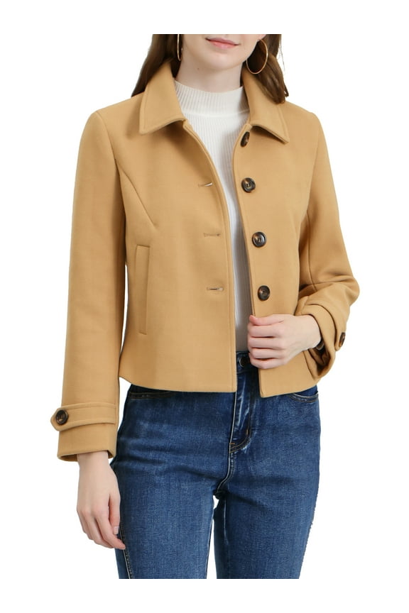 Women's Short Peacoat Turn Down Collar Single Breasted Button Closure Overcoat Khaki M