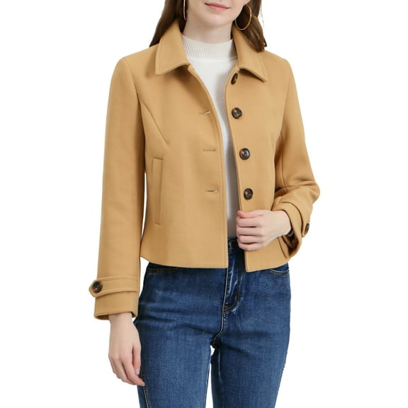 REFINED ATTIRE Women's Short Peacoat Turn Down Collar Single Breasted Button Closure Overcoat Khaki XS