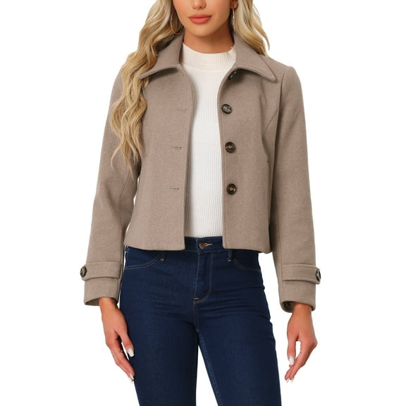 REFINED ATTIRE Women's Short Peacoat Turn Down Collar Single Breasted Button Closure Overcoat Dark Beige XL