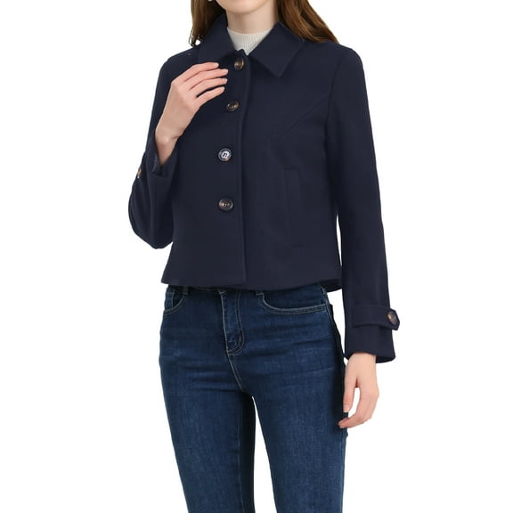 REFINED ATTIRE Women's Short Peacoat Turn Down Collar Single Breasted Button Closure Overcoat Navy Blue M