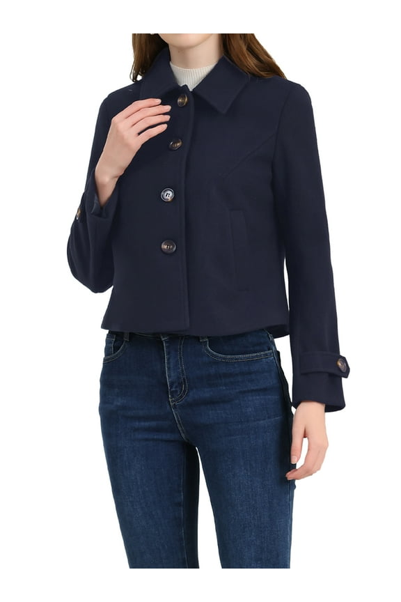 Women's Short Peacoat Turn Down Collar Single Breasted Button Closure Overcoat Navy Blue M