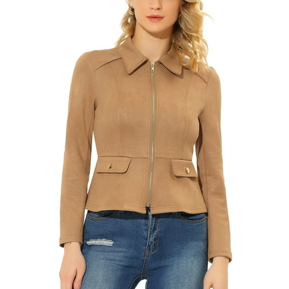 INSPIRE CHIC Women's Turn Down Collar Zip Up Faux Suede Motorcycle Short Jacket Brown L