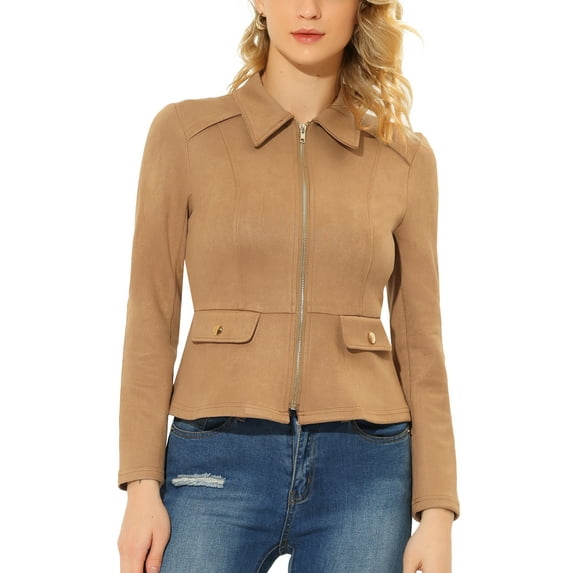 INSPIRE CHIC Women's Turn Down Collar Zip Up Faux Suede Motorcycle Short Jacket XS Brown