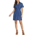 thumbnail image 1 of INSPIRE CHIC Women's Turndown Collar Chambray Solid A-Line Shirt Dress with Pockets, 1 of 6