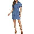 thumbnail image 1 of Allegra K Women's Turndown Collar Chambray Solid A-Line Shirt Dress with Pockets, 1 of 6
