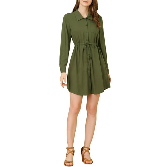 INSPIRE CHIC Women's Turndown Collar Tie Waist Button Down Shirt Dress Army Green S