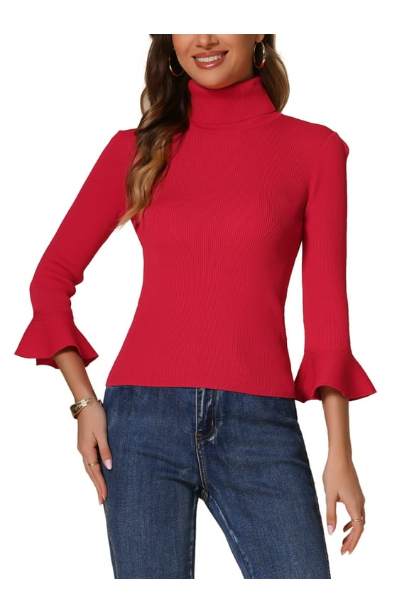 Women's Turtle Neck 3/4 Ruffle Sleeves Pullover Slim Rib Knit Sweater L Deep Red