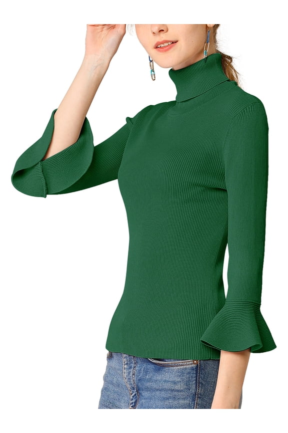 Women's Turtle Neck 3/4 Ruffle Sleeves Pullover Slim Rib Knit Sweater L Green